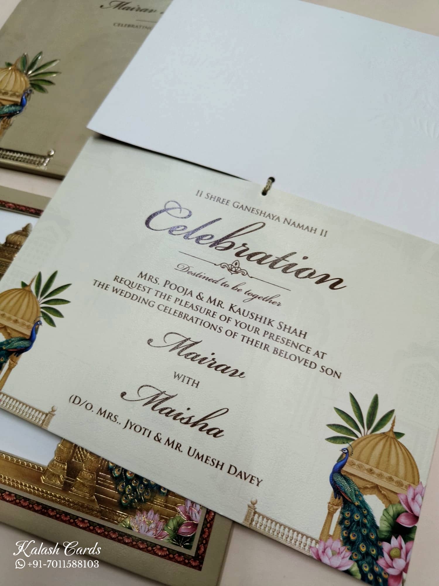 KLB769 Royal Fort Peacock Design Maroon Golden Color Laser Cut Semi Box Wedding Card (2 Page & Couple Name Acrylic)