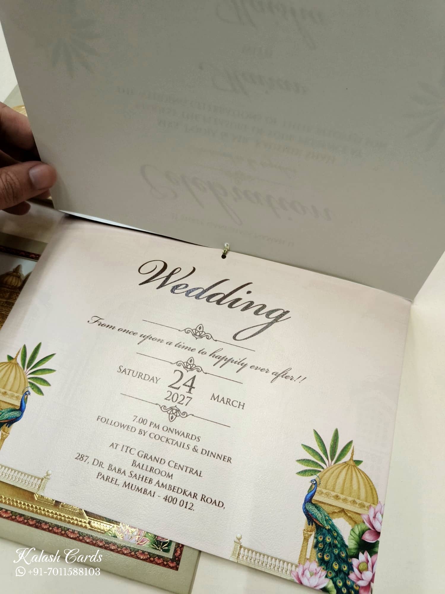 KLB769 Royal Fort Peacock Design Maroon Golden Color Laser Cut Semi Box Wedding Card (2 Page & Couple Name Acrylic)