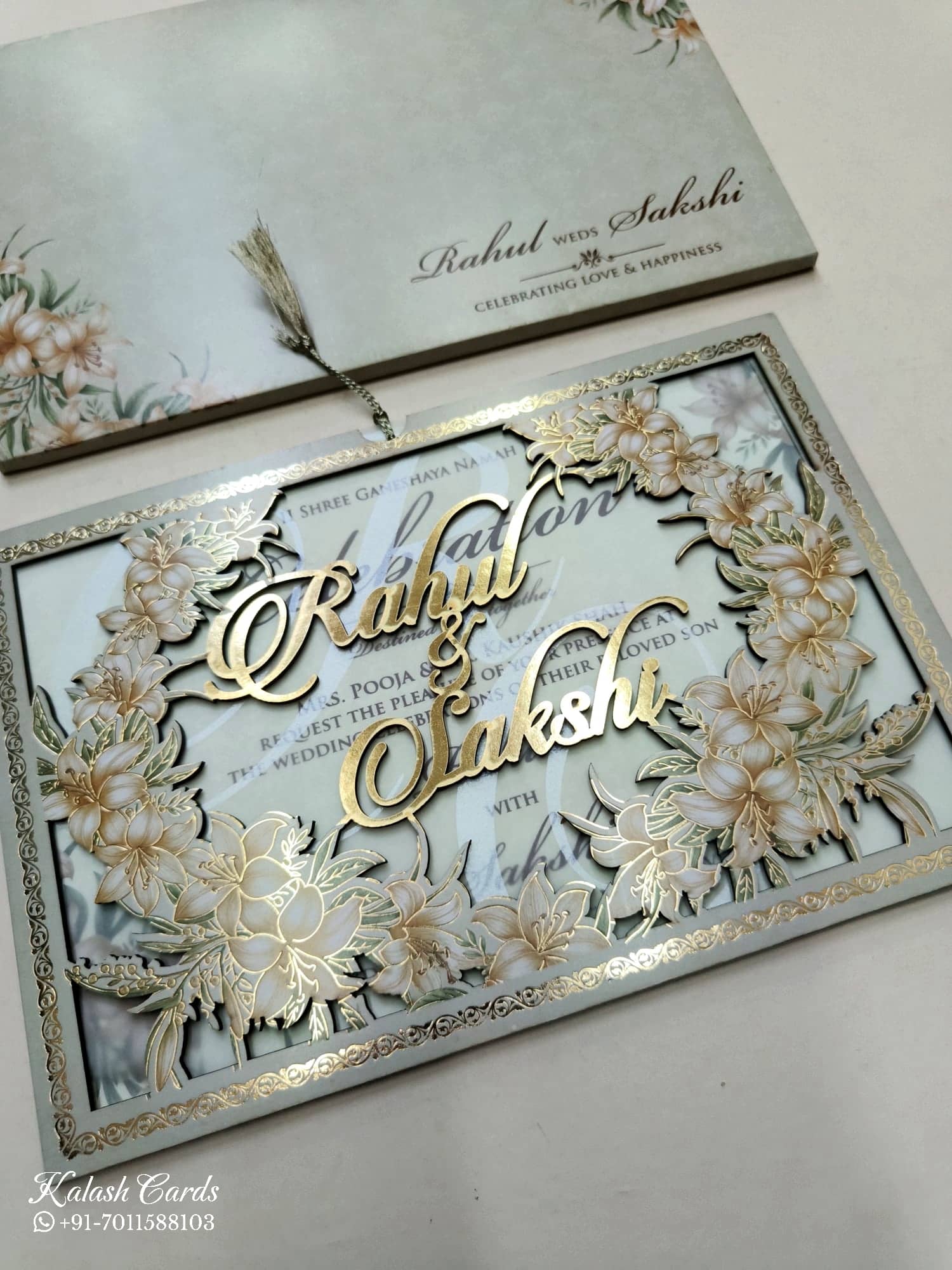 KLB770 Floral Design Grey Color Couple Name Laser Cut Wedding Card (2 Page)