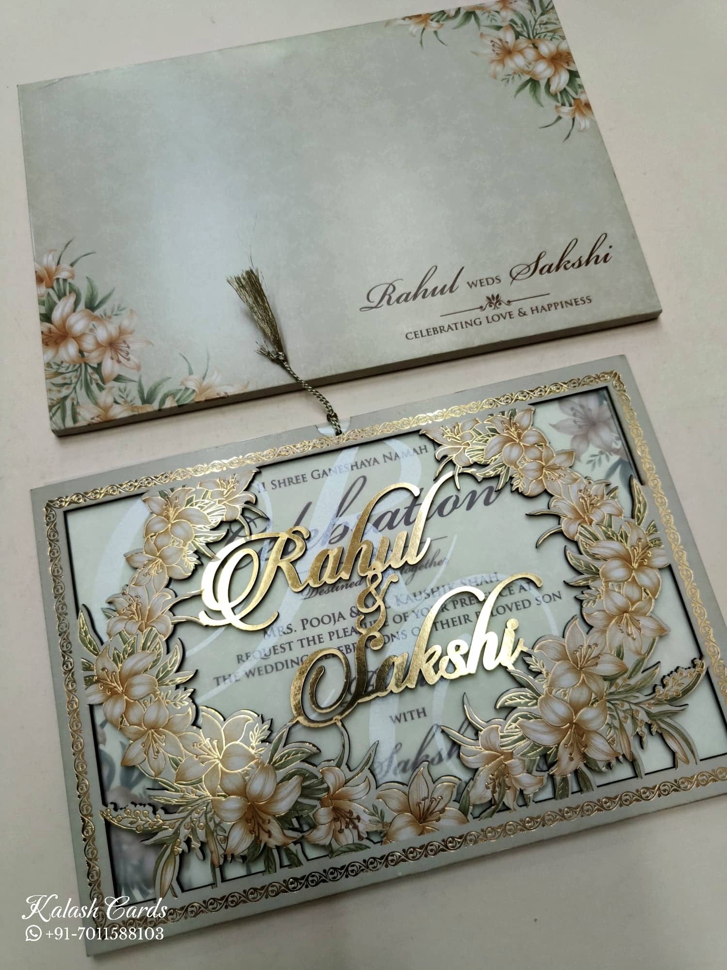 KLB770 Floral Design Grey Color Couple Name Laser Cut Wedding Card (2 Page)