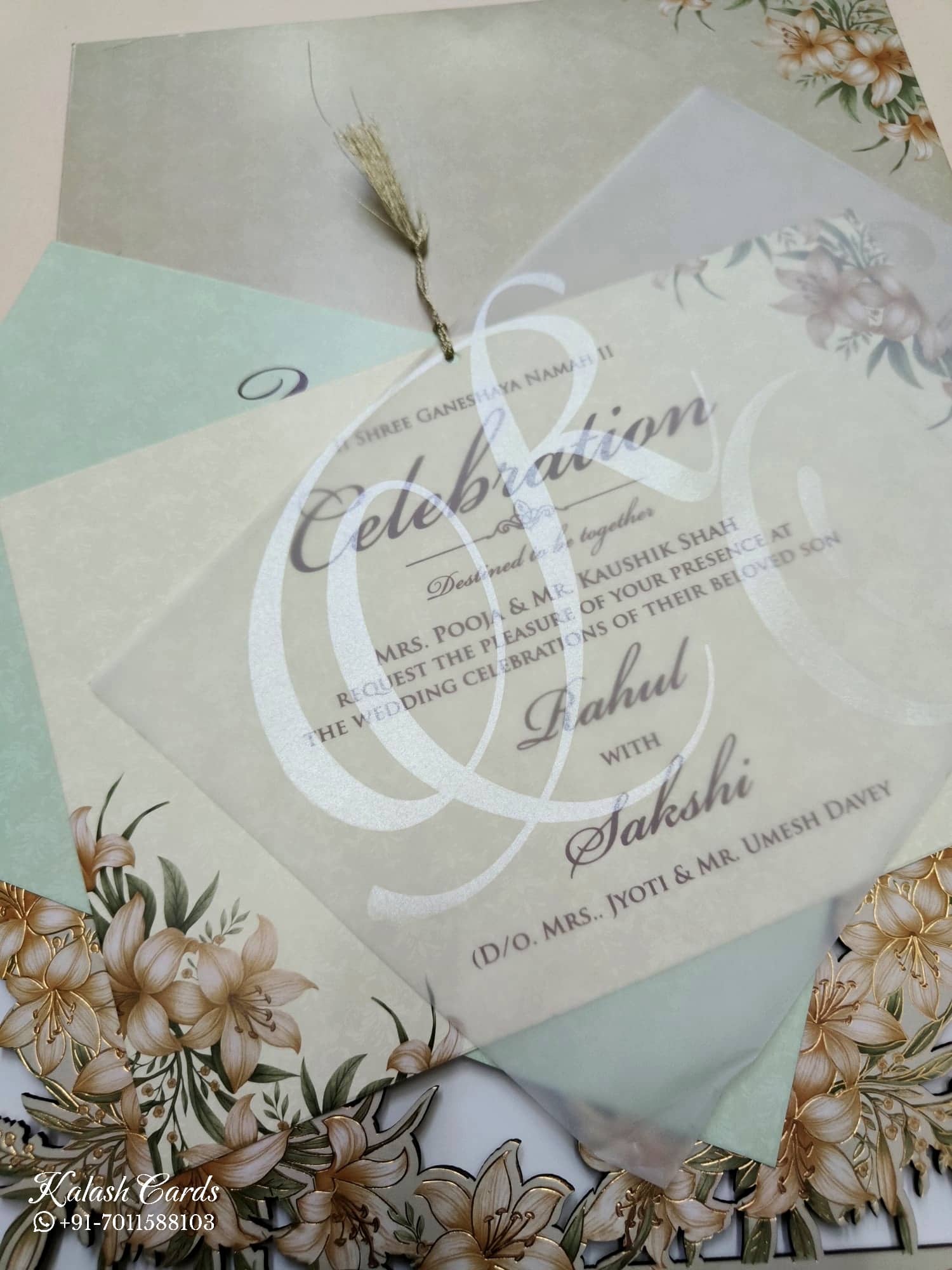 KLB770 Floral Design Grey Color Couple Name Laser Cut Wedding Card (2 Page)