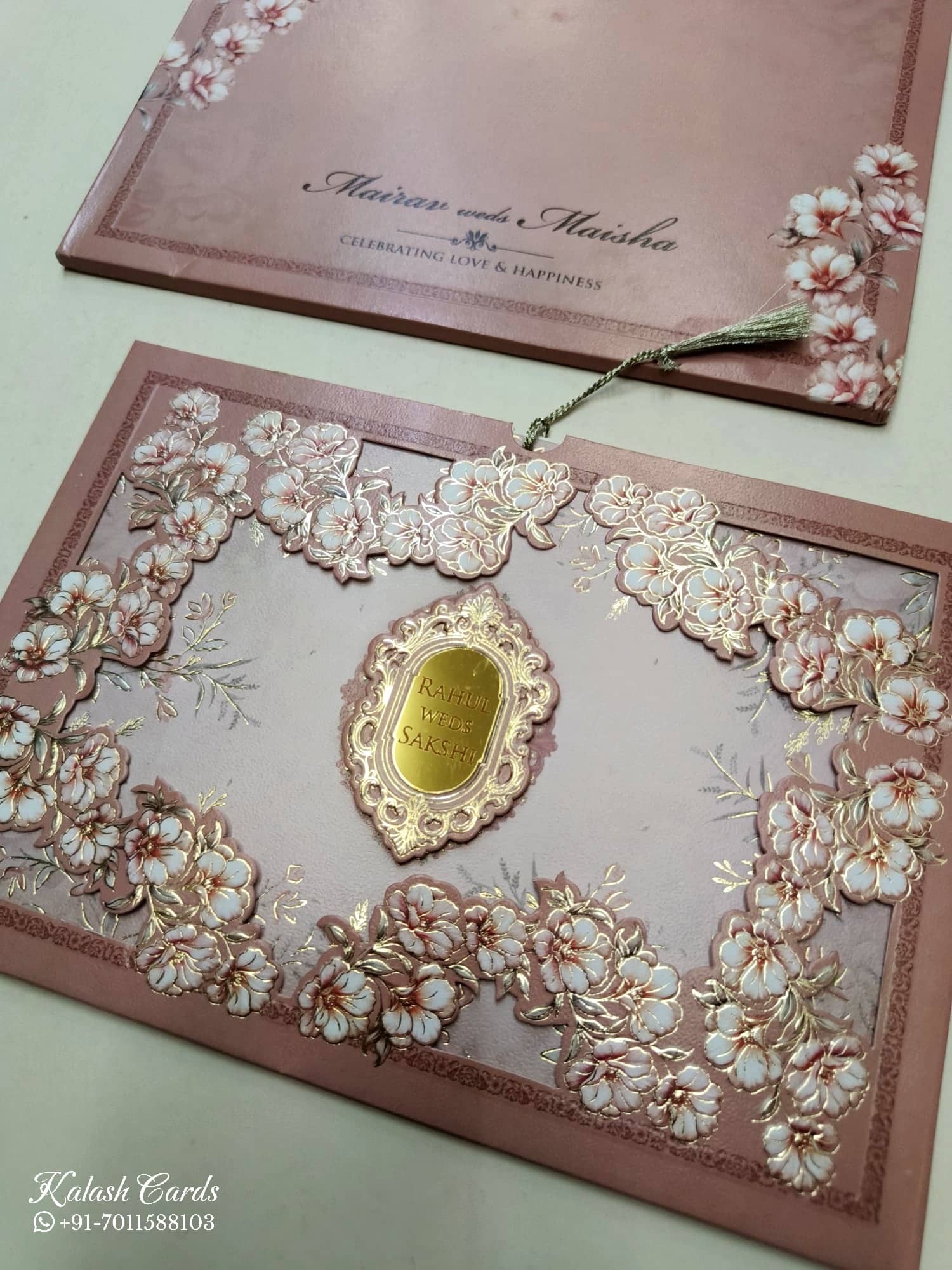 KLB771 Floral Design Pink Color Laser Cut Semi Box Wedding Card (2 Page & Couple Name Acrylic)