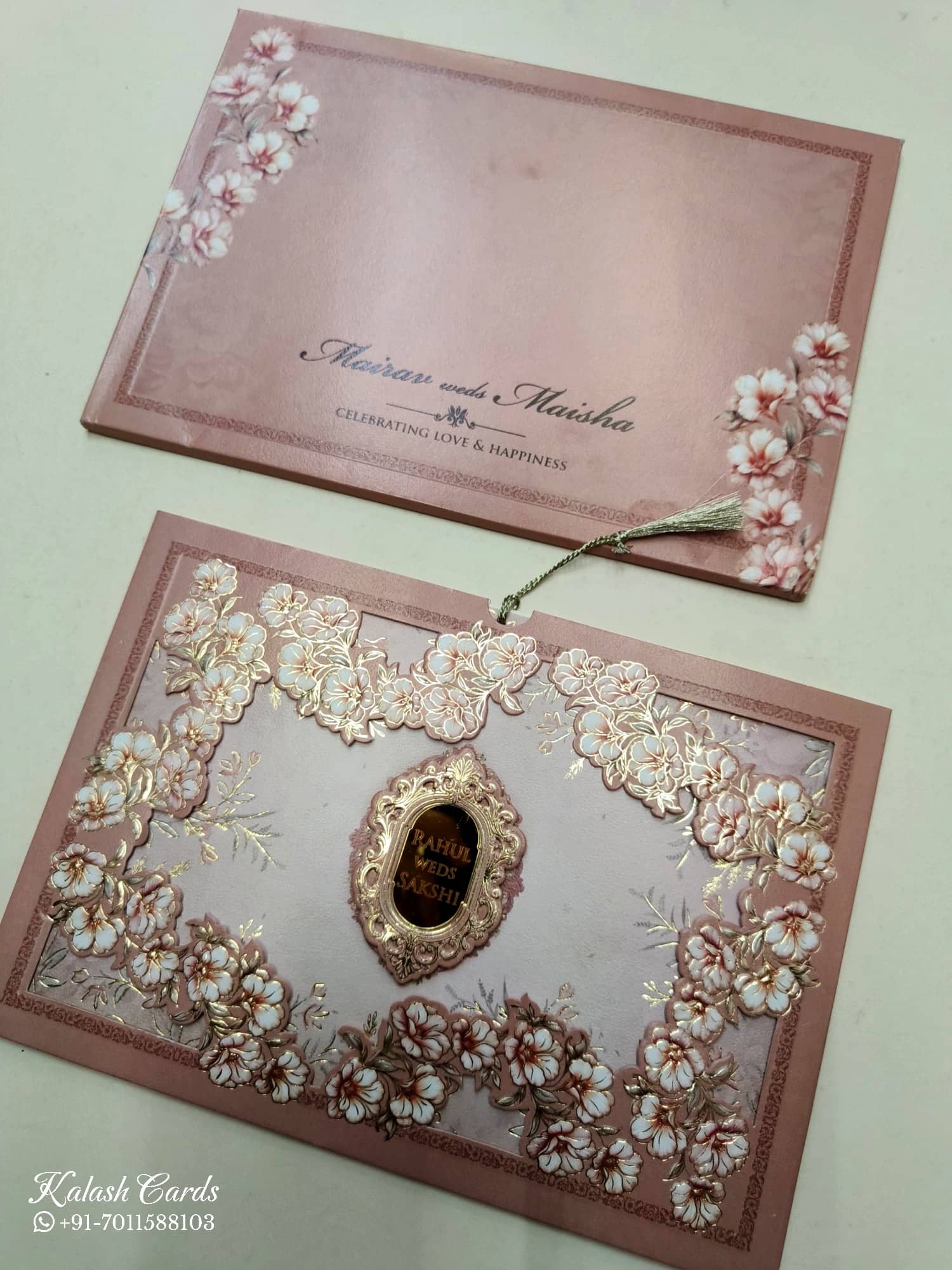 KLB771 Floral Design Pink Color Laser Cut Semi Box Wedding Card (2 Page & Couple Name Acrylic)