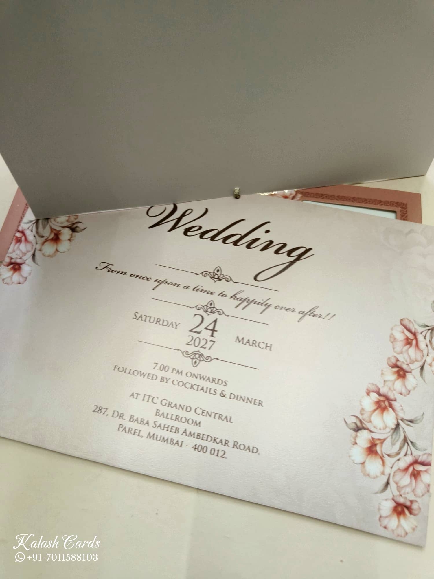KLB771 Floral Design Pink Color Laser Cut Semi Box Wedding Card (2 Page & Couple Name Acrylic)