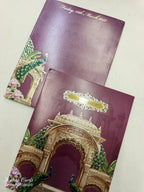 KLB772 Mandap Peacock Design Maroon Color Embossed Semi Box Wedding Card (2 Page & Couple Name Acrylic)