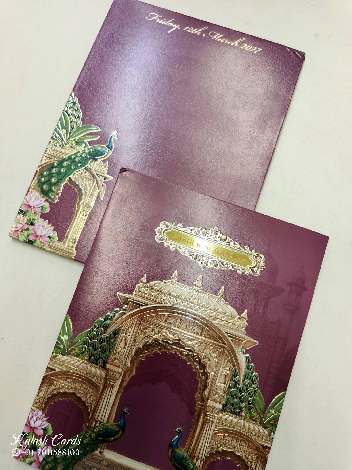 KLB772 Mandap Peacock Design Maroon Color Embossed Semi Box Wedding Card (2 Page & Couple Name Acrylic)