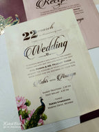 KLB772 Mandap Peacock Design Maroon Color Embossed Semi Box Wedding Card (2 Page & Couple Name Acrylic)