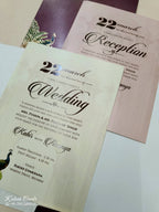 KLB772 Mandap Peacock Design Maroon Color Embossed Semi Box Wedding Card (2 Page & Couple Name Acrylic)