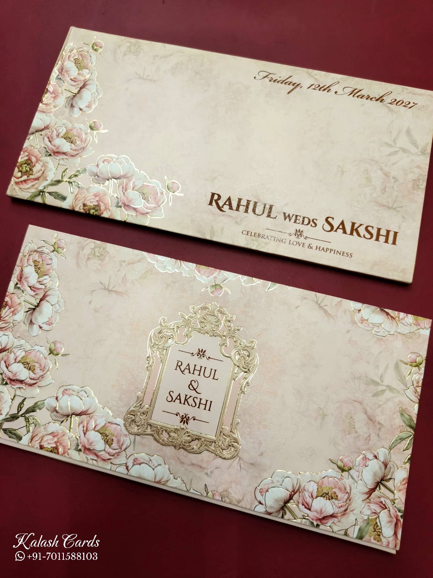 KLB773 Floral Design Pink Color Embossed Semi Box Wedding Card (2 Page)