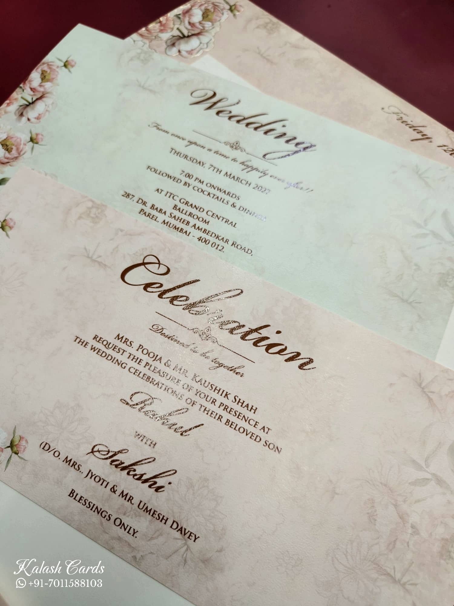 KLB773 Floral Design Pink Color Embossed Semi Box Wedding Card (2 Page)