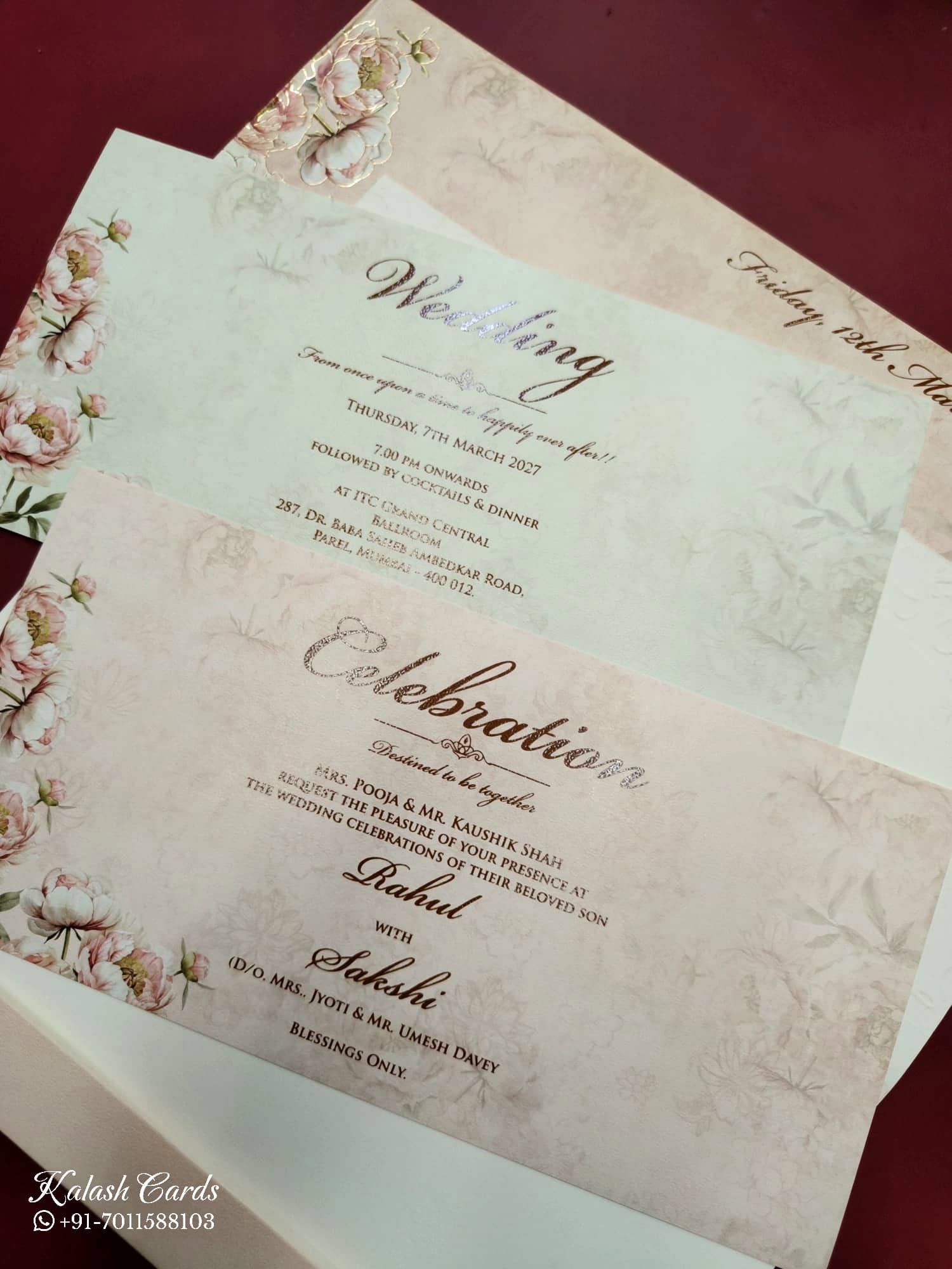 KLB773 Floral Design Pink Color Embossed Semi Box Wedding Card (2 Page)