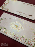 KLB774 Rose Floral Design Pink Color Embossed Semi Box Wedding Card (2 Page & Couple Initial Acrylic)