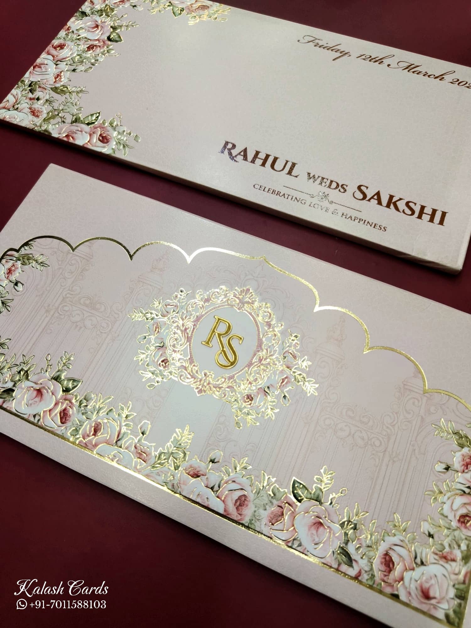 KLB774 Rose Floral Design Pink Color Embossed Semi Box Wedding Card (2 Page & Couple Initial Acrylic)