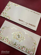 KLB774 Rose Floral Design Pink Color Embossed Semi Box Wedding Card (2 Page & Couple Initial Acrylic)