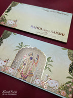 KLB775 Pichwai Krishna Ji Design Blue Color Embossed Semi Box Wedding Card (2 Page)