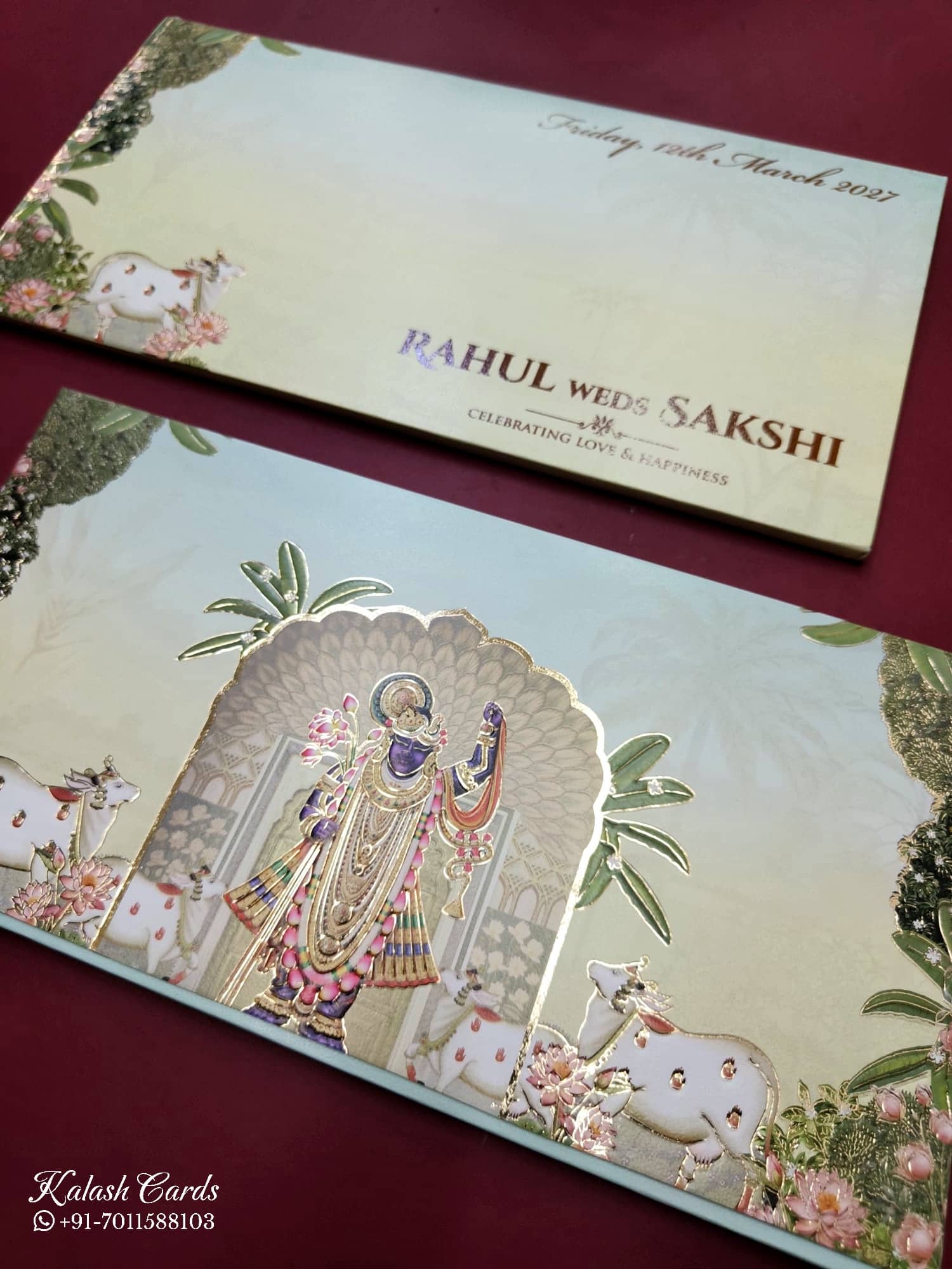 KLB775 Pichwai Krishna Ji Design Blue Color Embossed Semi Box Wedding Card (2 Page)