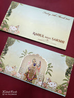 KLB775 Pichwai Krishna Ji Design Blue Color Embossed Semi Box Wedding Card (2 Page)