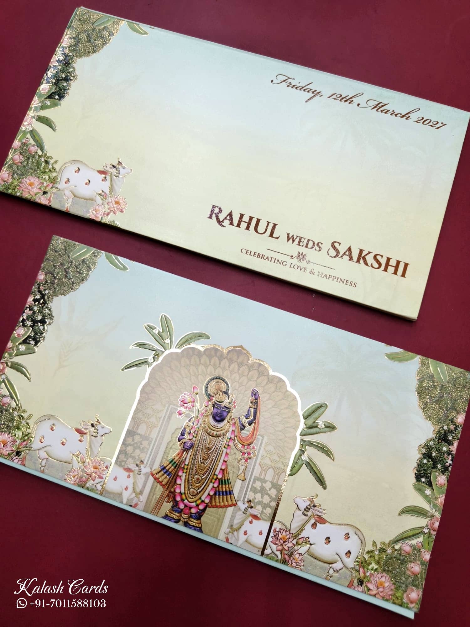 KLB775 Pichwai Krishna Ji Design Blue Color Embossed Semi Box Wedding Card (2 Page)