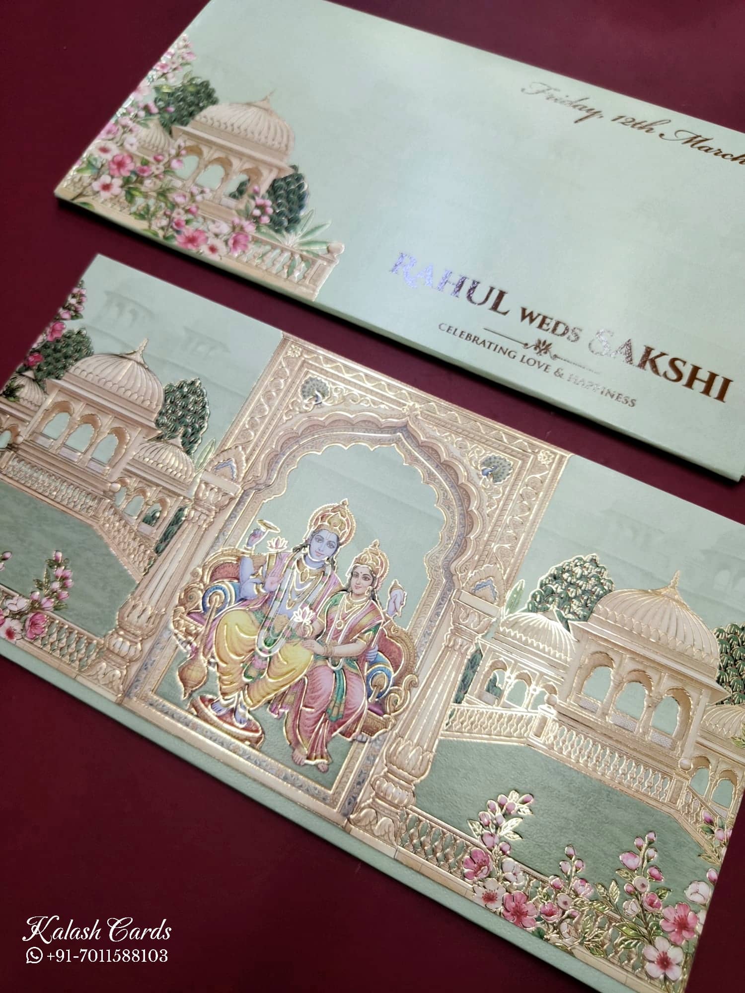 KLB776 Laxmi Narayan Design Green Color Embossed Semi Box Wedding Card (2 Page)