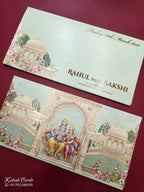KLB776 Laxmi Narayan Design Green Color Embossed Semi Box Wedding Card (2 Page)