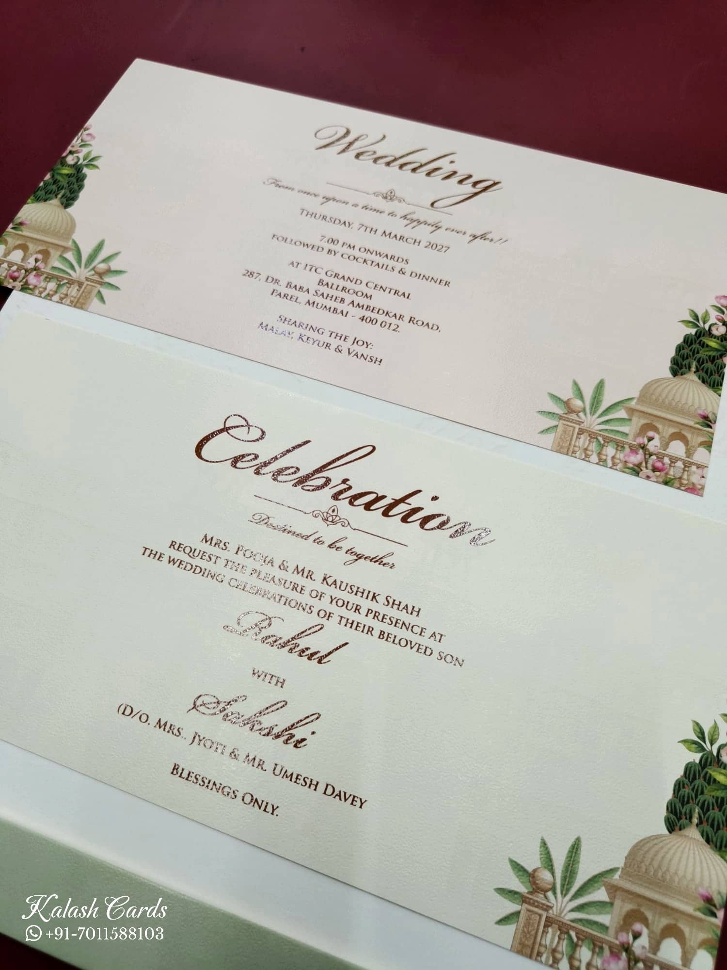 KLB776 Laxmi Narayan Design Green Color Embossed Semi Box Wedding Card (2 Page)
