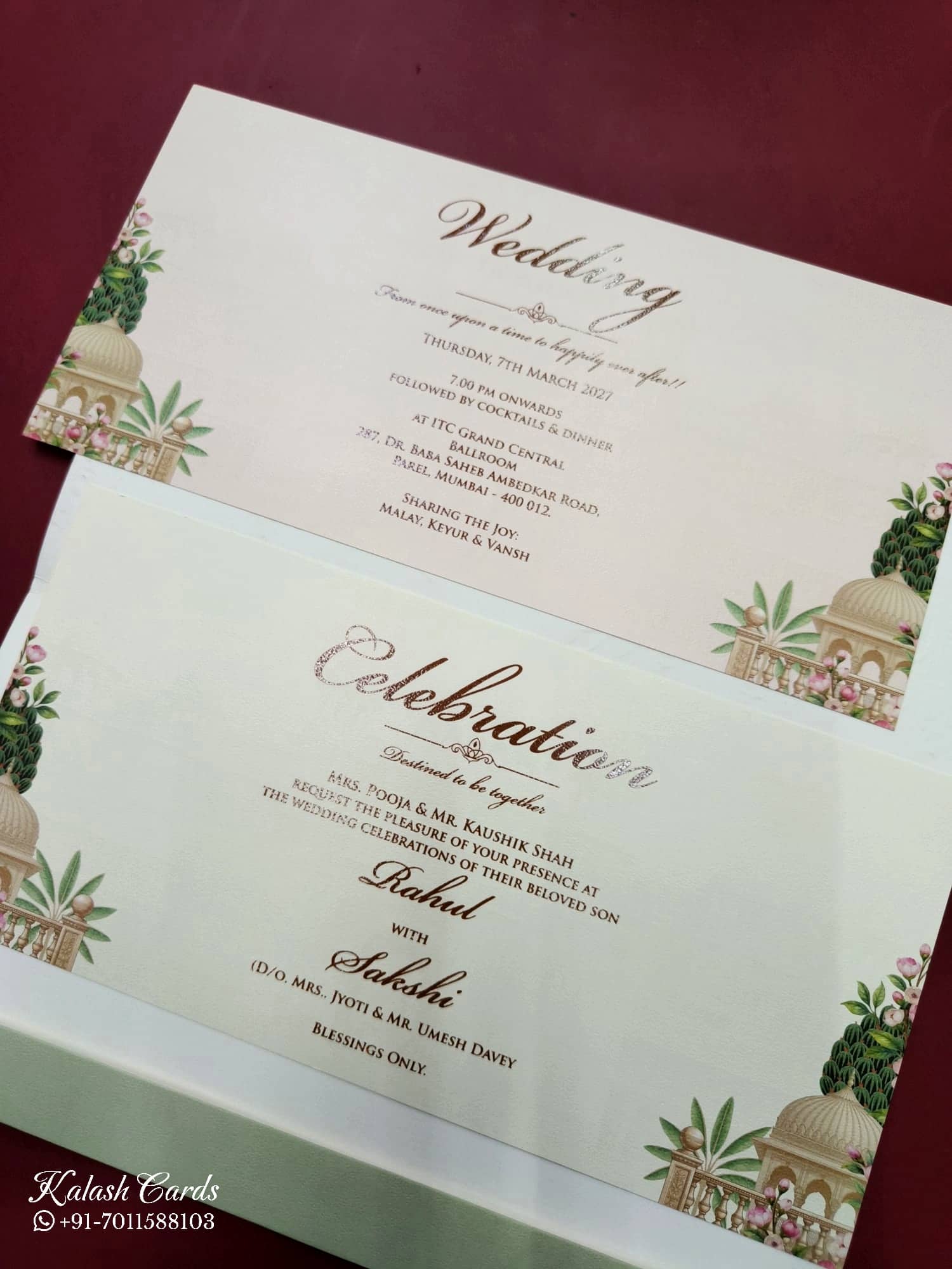 KLB776 Laxmi Narayan Design Green Color Embossed Semi Box Wedding Card (2 Page)