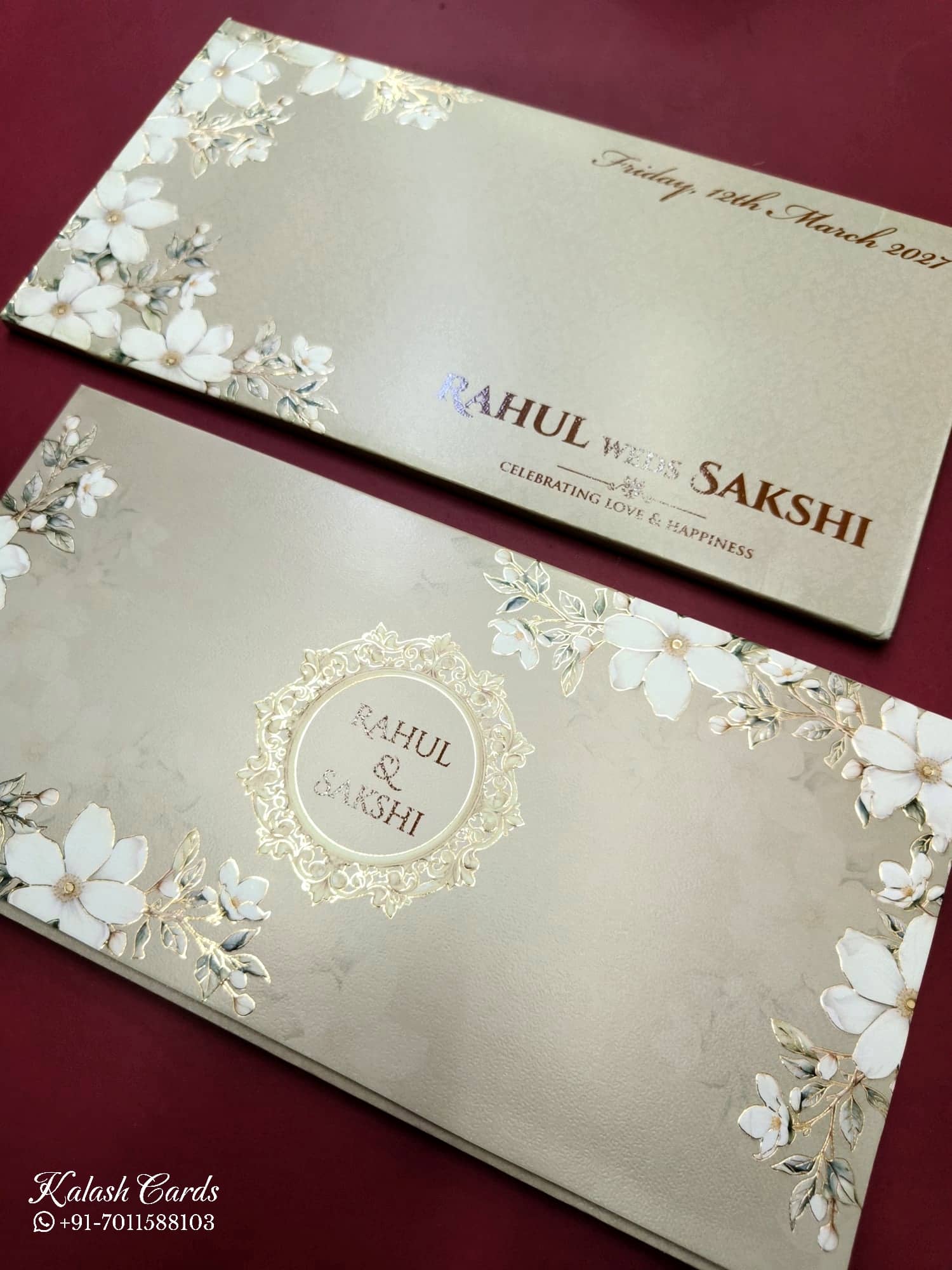 KLB777 Floral Design Creme Color Embossed Semi Box Wedding Card (2 Page)
