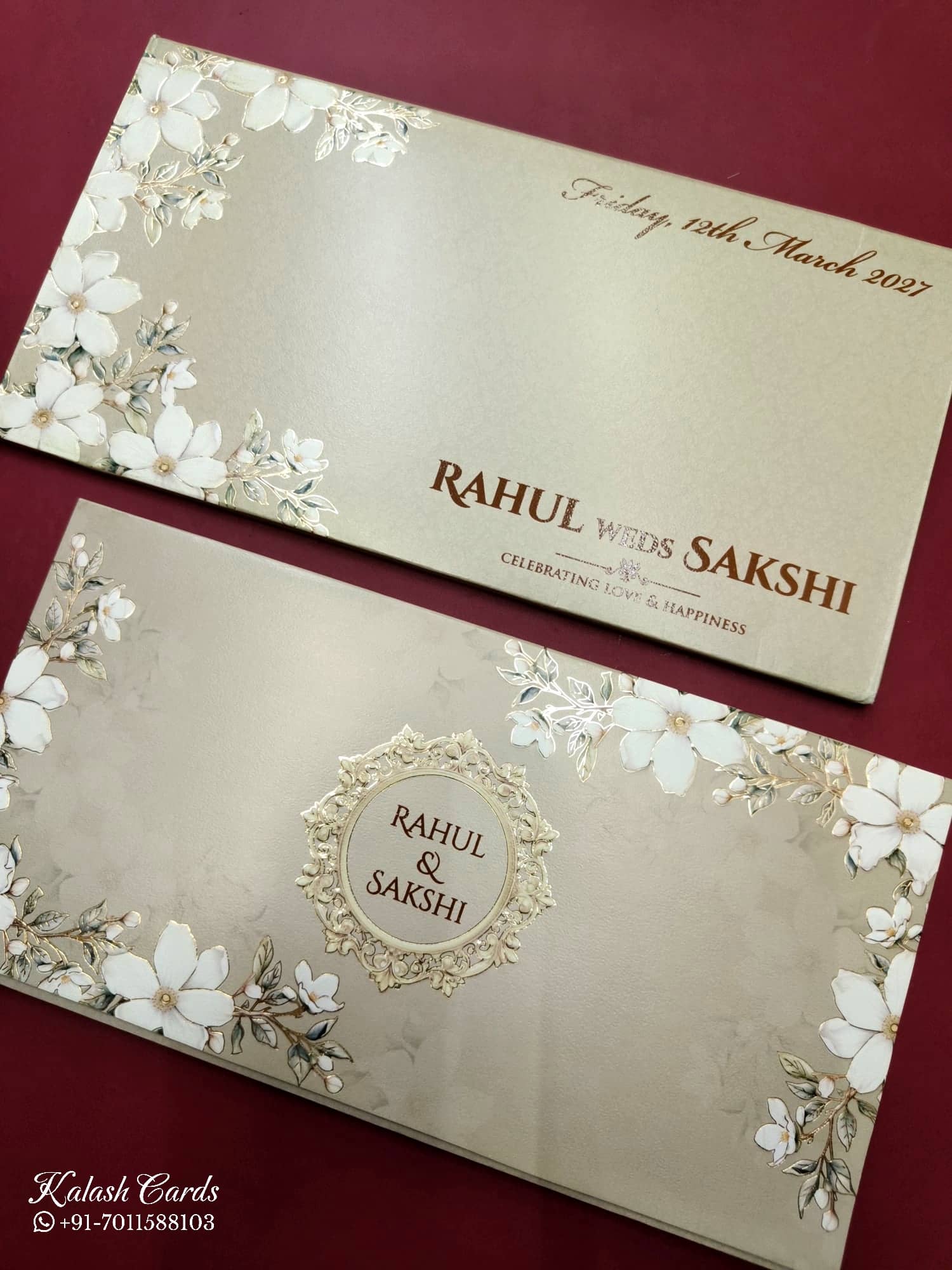 KLB777 Floral Design Creme Color Embossed Semi Box Wedding Card (2 Page)