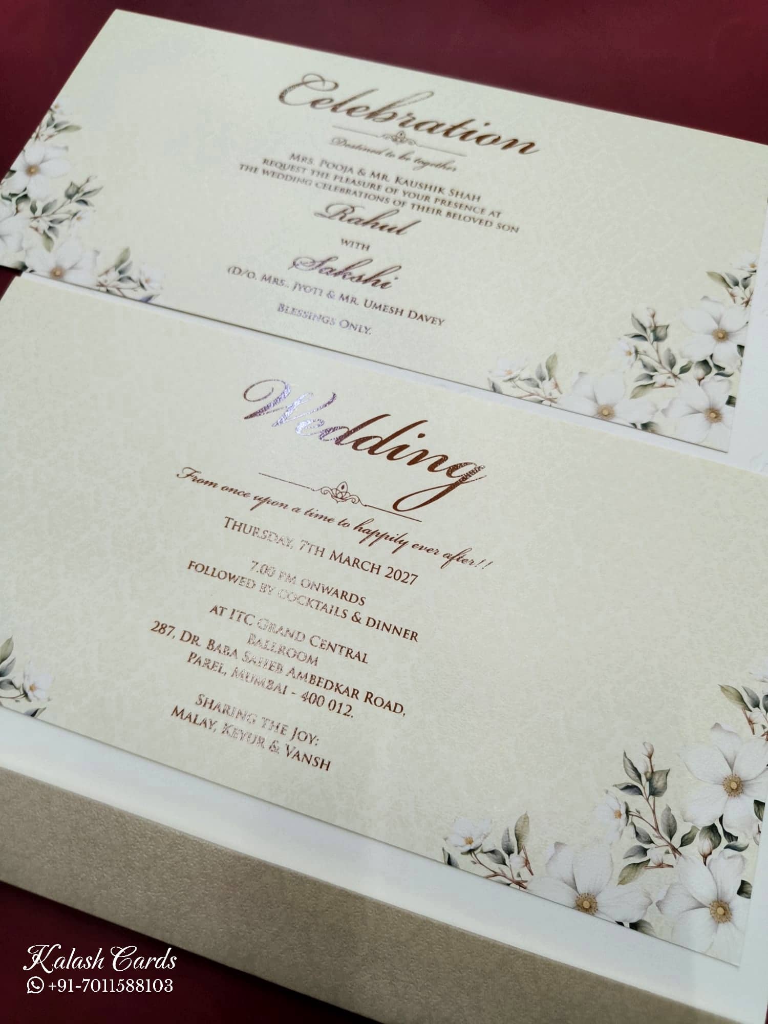 KLB777 Floral Design Creme Color Embossed Semi Box Wedding Card (2 Page)
