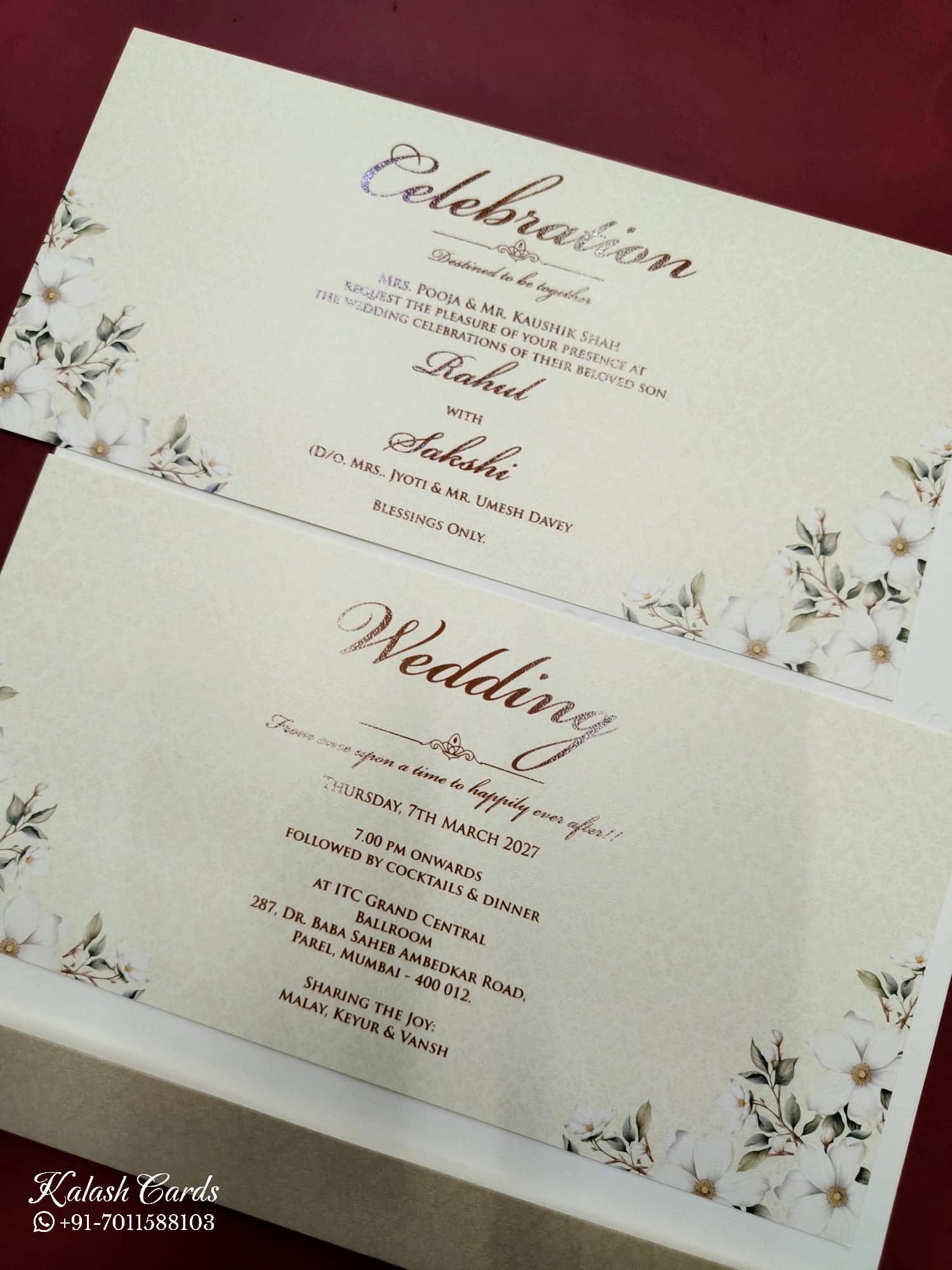 KLB777 Floral Design Creme Color Embossed Semi Box Wedding Card (2 Page)