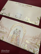 KLB778 Sita Ram Design Creme Color Embossed Semi Box Wedding Card (2 Page)