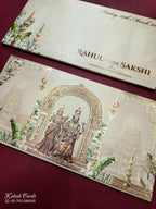 KLB779 Varha Swamy & Bhi Devi Design Creme Color Embossed Semi Box Wedding Card (2 Page)