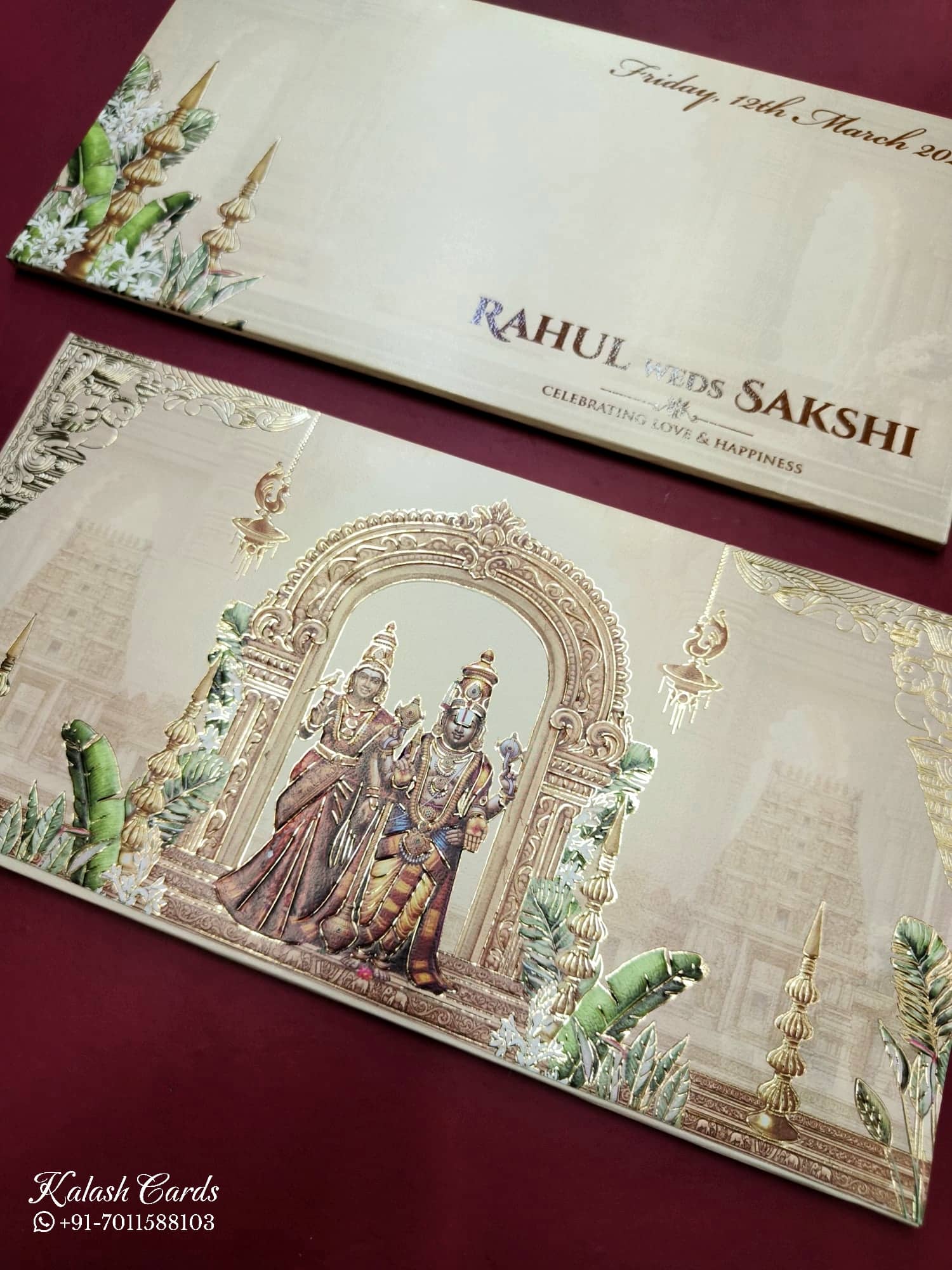 KLB779 Varha Swamy & Bhi Devi Design Creme Color Embossed Semi Box Wedding Card (2 Page)