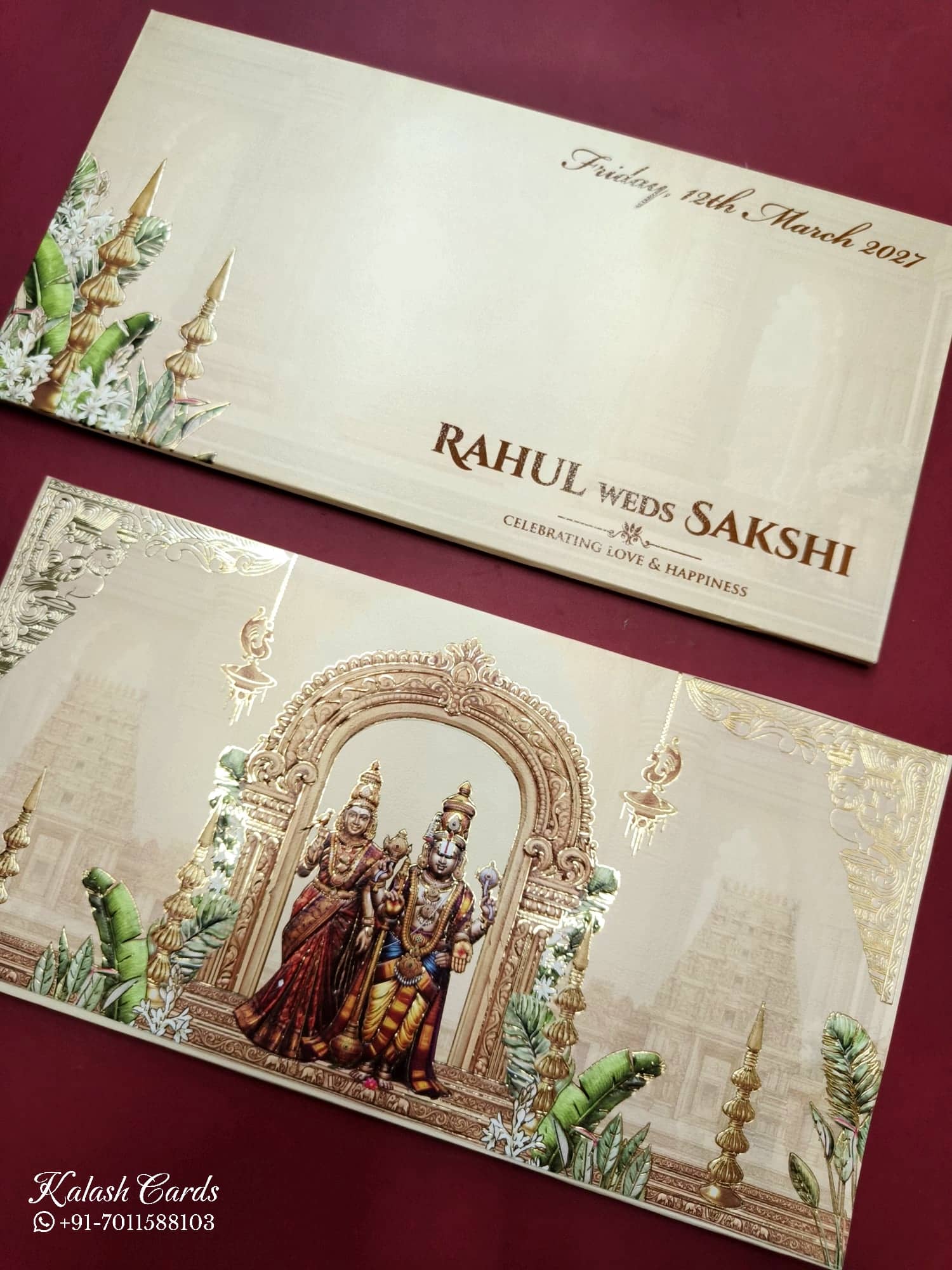 KLB779 Varha Swamy & Bhi Devi Design Creme Color Embossed Semi Box Wedding Card (2 Page)