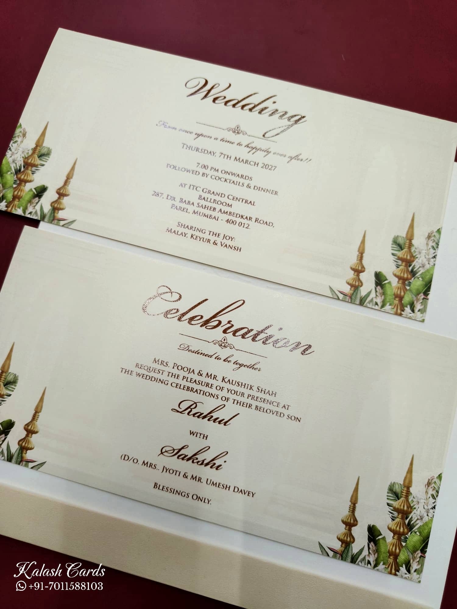 KLB779 Varha Swamy & Bhi Devi Design Creme Color Embossed Semi Box Wedding Card (2 Page)