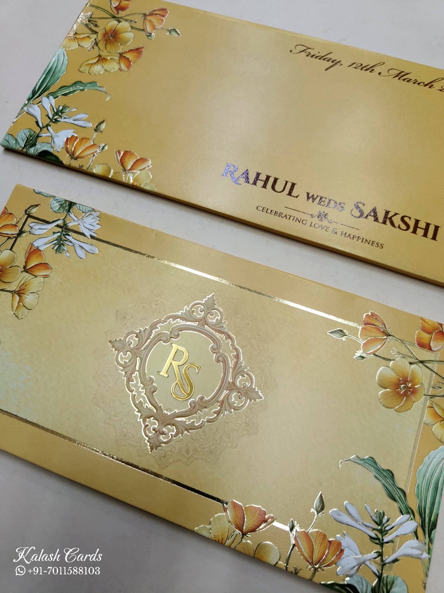 KLB780 Floral Design Yellow Color Embossed Semi Box Wedding Card (2 Page)