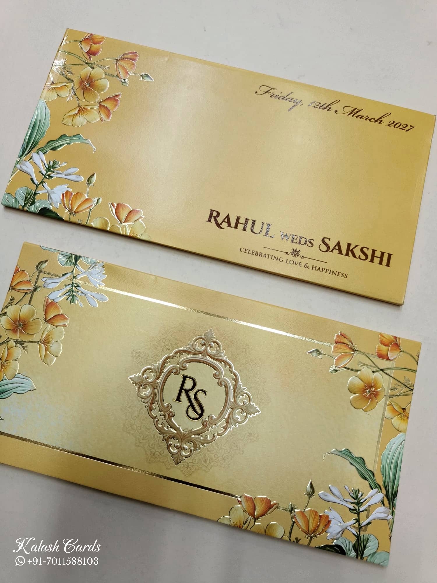 KLB780 Floral Design Yellow Color Embossed Semi Box Wedding Card (2 Page)