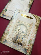 KLB781 Varha Swamy & Bhi Devi Design Creme Color Embossed Semi Box Wedding Card (2 Page & Couple Name Acrylic)