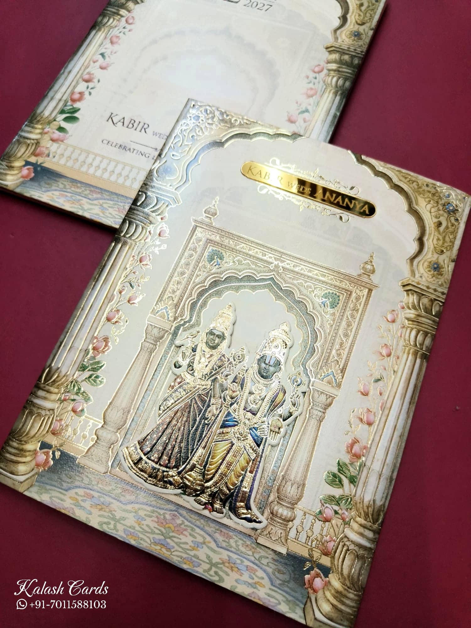 KLB781 Varha Swamy & Bhi Devi Design Creme Color Embossed Semi Box Wedding Card (2 Page & Couple Name Acrylic)