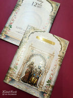 KLB781 Varha Swamy & Bhi Devi Design Creme Color Embossed Semi Box Wedding Card (2 Page & Couple Name Acrylic)