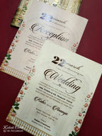 KLB781 Varha Swamy & Bhi Devi Design Creme Color Embossed Semi Box Wedding Card (2 Page & Couple Name Acrylic)