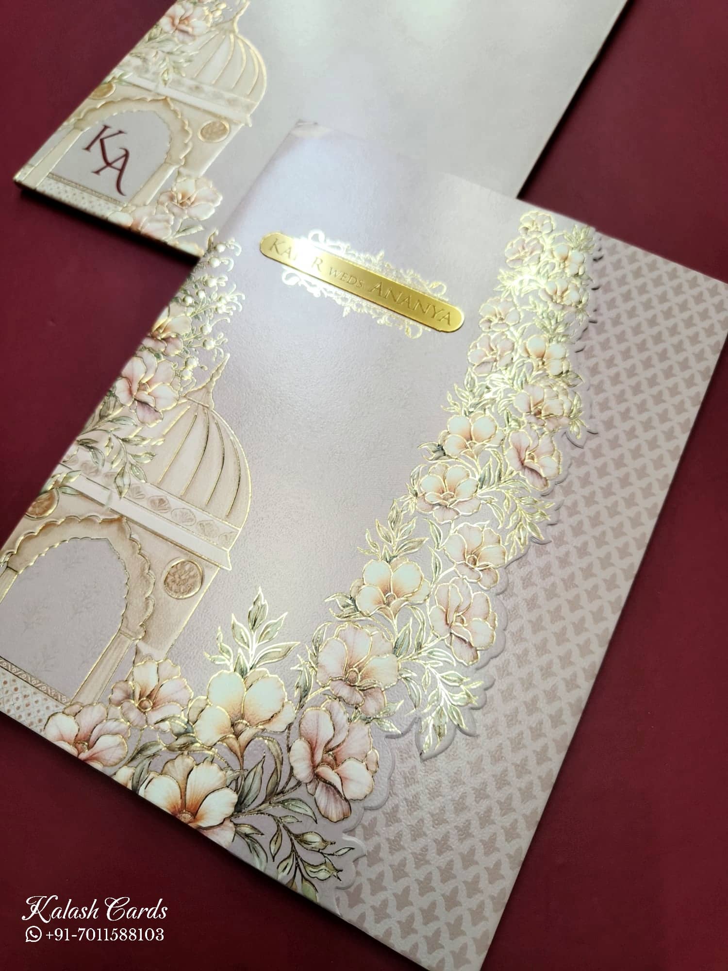 KLB782 Floral Design Pink Color Double Door Style Semi Box Wedding Card (2 Page) , (2 Page & Couple Name Acrylic)
