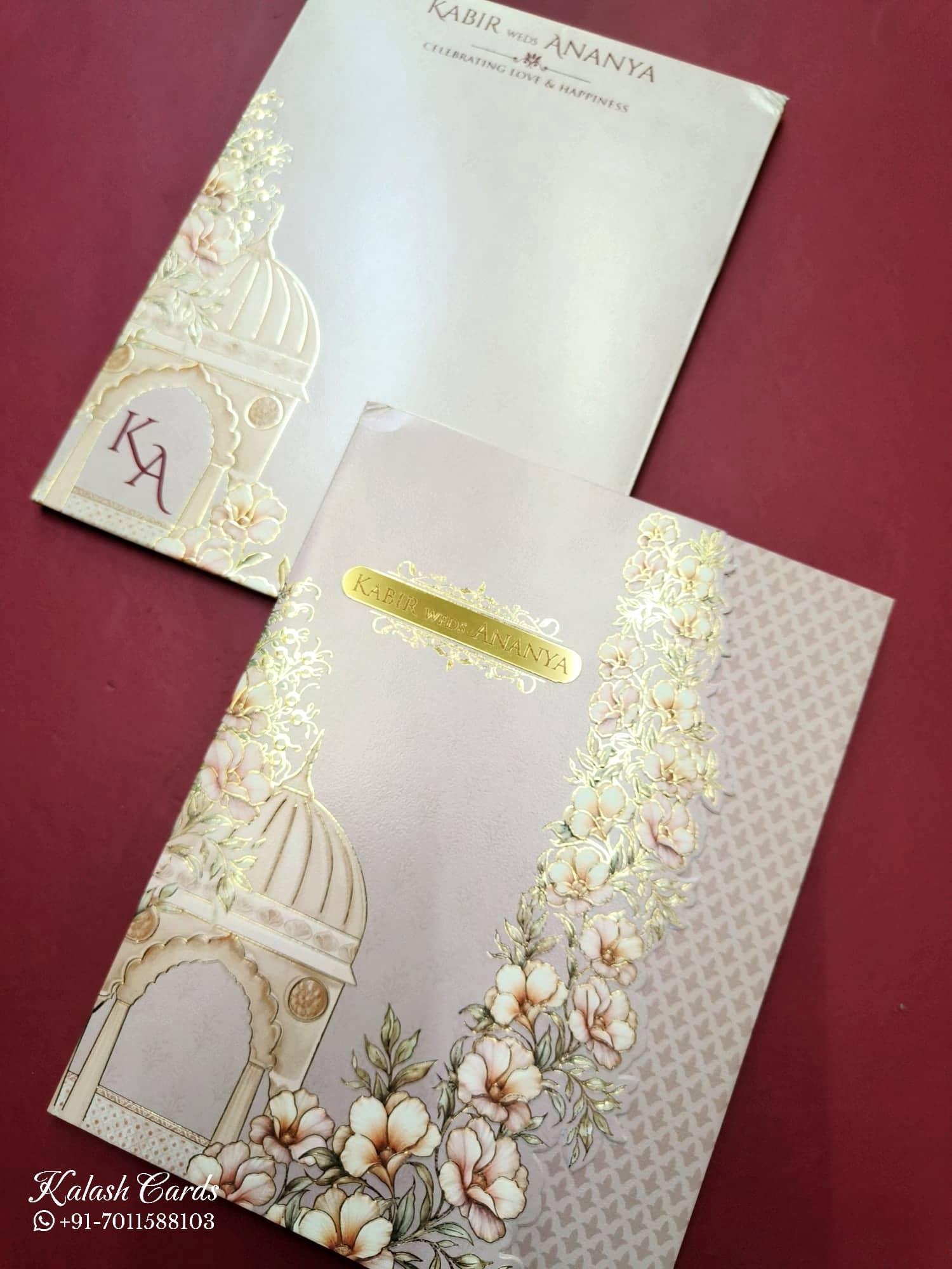 KLB782 Floral Design Pink Color Double Door Style Semi Box Wedding Card (2 Page) , (2 Page & Couple Name Acrylic)