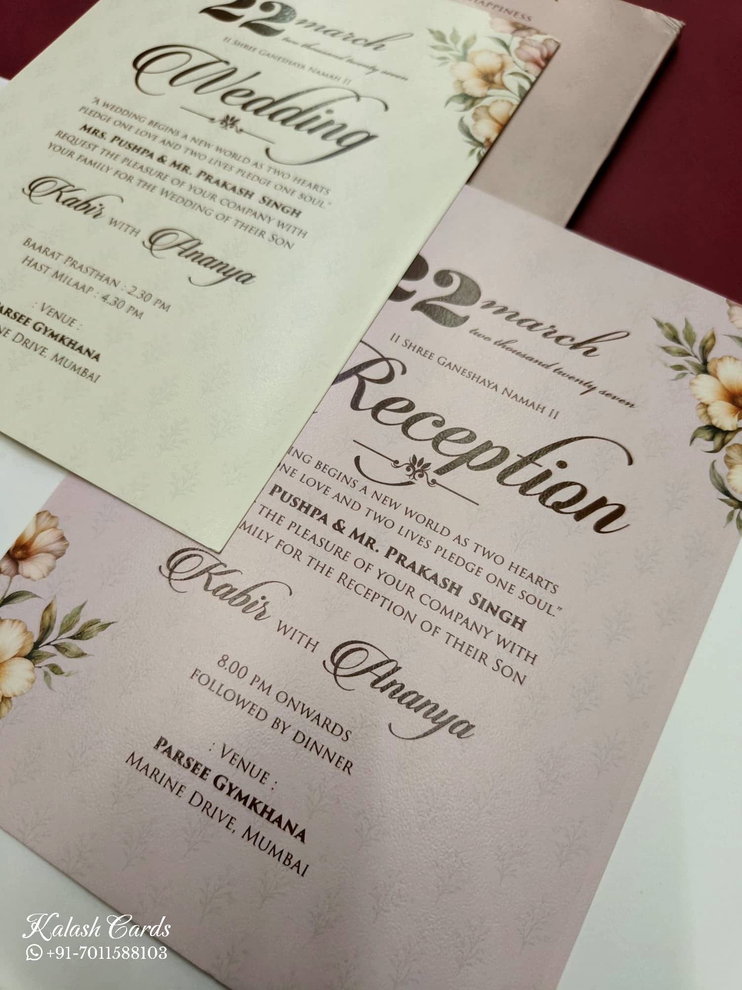 KLB782 Floral Design Pink Color Double Door Style Semi Box Wedding Card (2 Page) , (2 Page & Couple Name Acrylic)