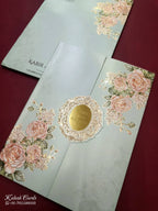 KLB783 Rose Floral Design Blue Color Embossed Semi Box Wedding Card (2 Page & Couple Name Acrylic)