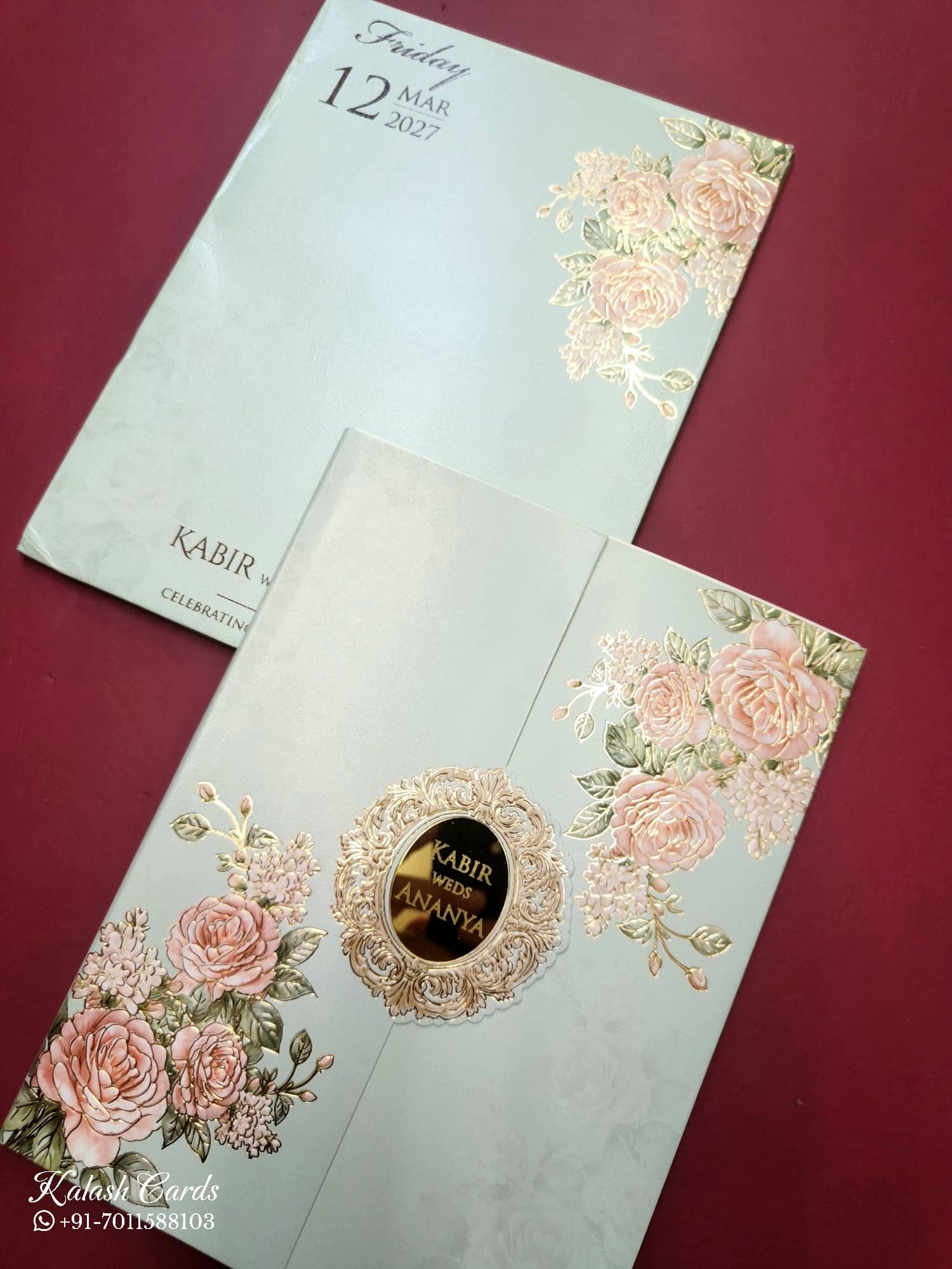 KLB783 Rose Floral Design Blue Color Embossed Semi Box Wedding Card (2 Page & Couple Name Acrylic)