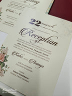 KLB783 Rose Floral Design Blue Color Embossed Semi Box Wedding Card (2 Page & Couple Name Acrylic)