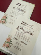 KLB783 Rose Floral Design Blue Color Embossed Semi Box Wedding Card (2 Page & Couple Name Acrylic)