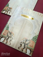 KLB784 Elephant Design Creme Color Embossed Semi Box Wedding Card (2 Page & Couple Name Acrylic)