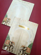 KLB784 Elephant Design Creme Color Embossed Semi Box Wedding Card (2 Page & Couple Name Acrylic)